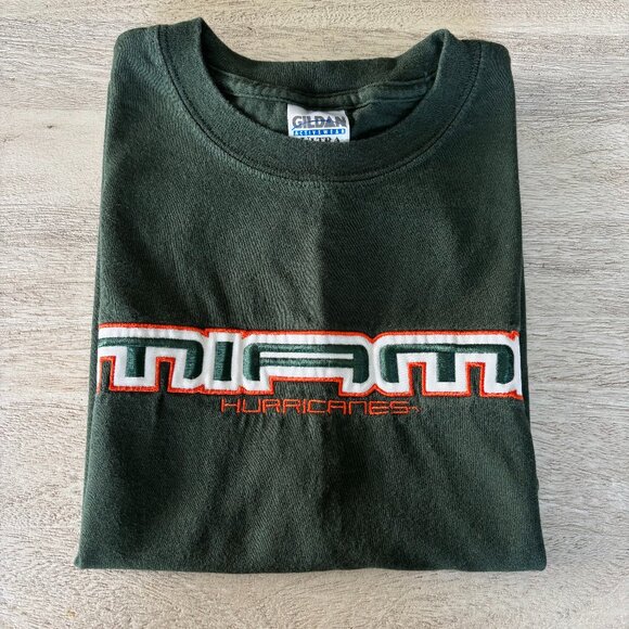Y2K Miami Hurricanes Green & Orange Gildan Ultra Heavyweight Cotton Men's M Tee - Picture 1 of 8